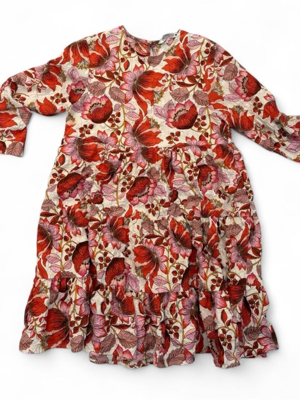 Women’s Floral Red Long-Sleeve Tiered Dress